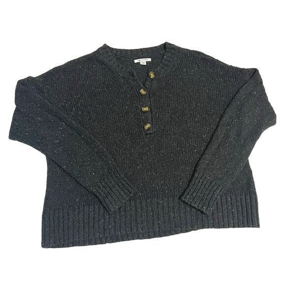 American Eagle Dark Gray Speckled Crop Henley Knit Sweater Size Medium Buttons - Picture 1 of 10